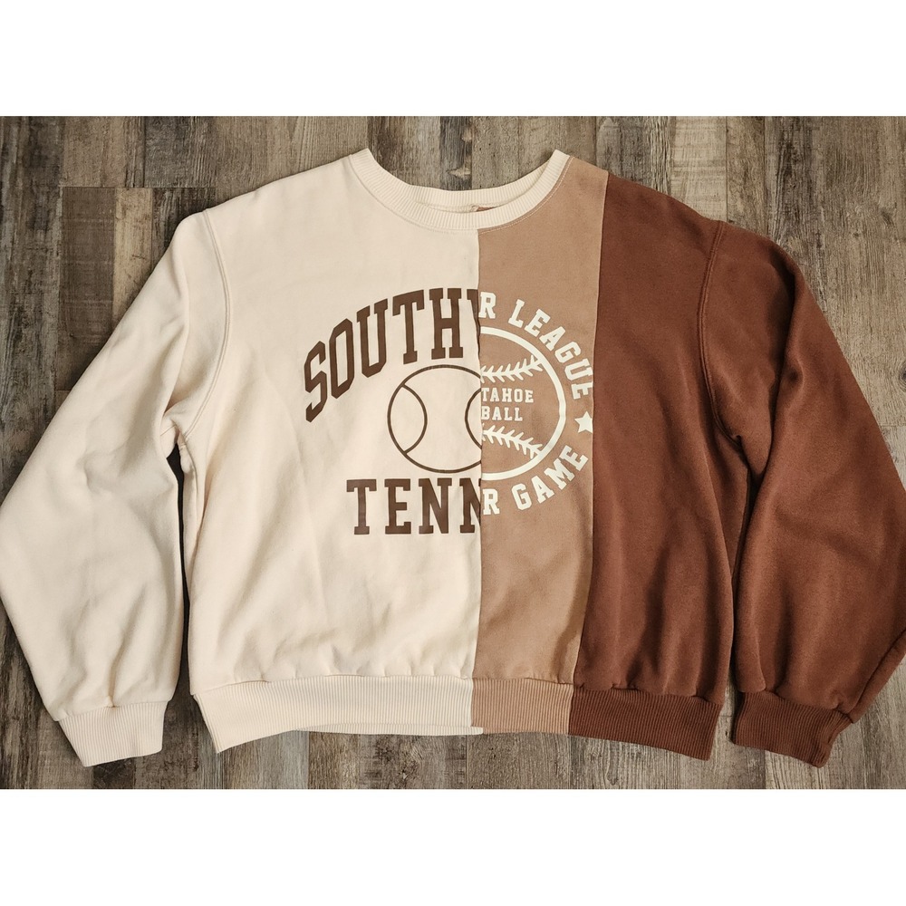 Hollister Sweatshirt Women Medium Brown Colorblock Tennis Tahoe Baseball Graphic